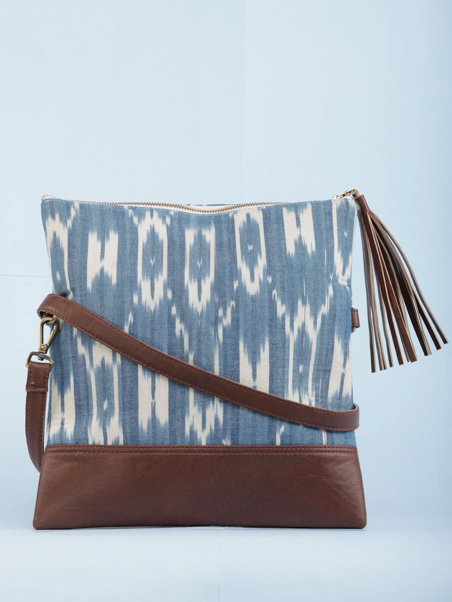 Sky Blue OffWhite Ikat & Vegan Leather Sling Bag - B1201