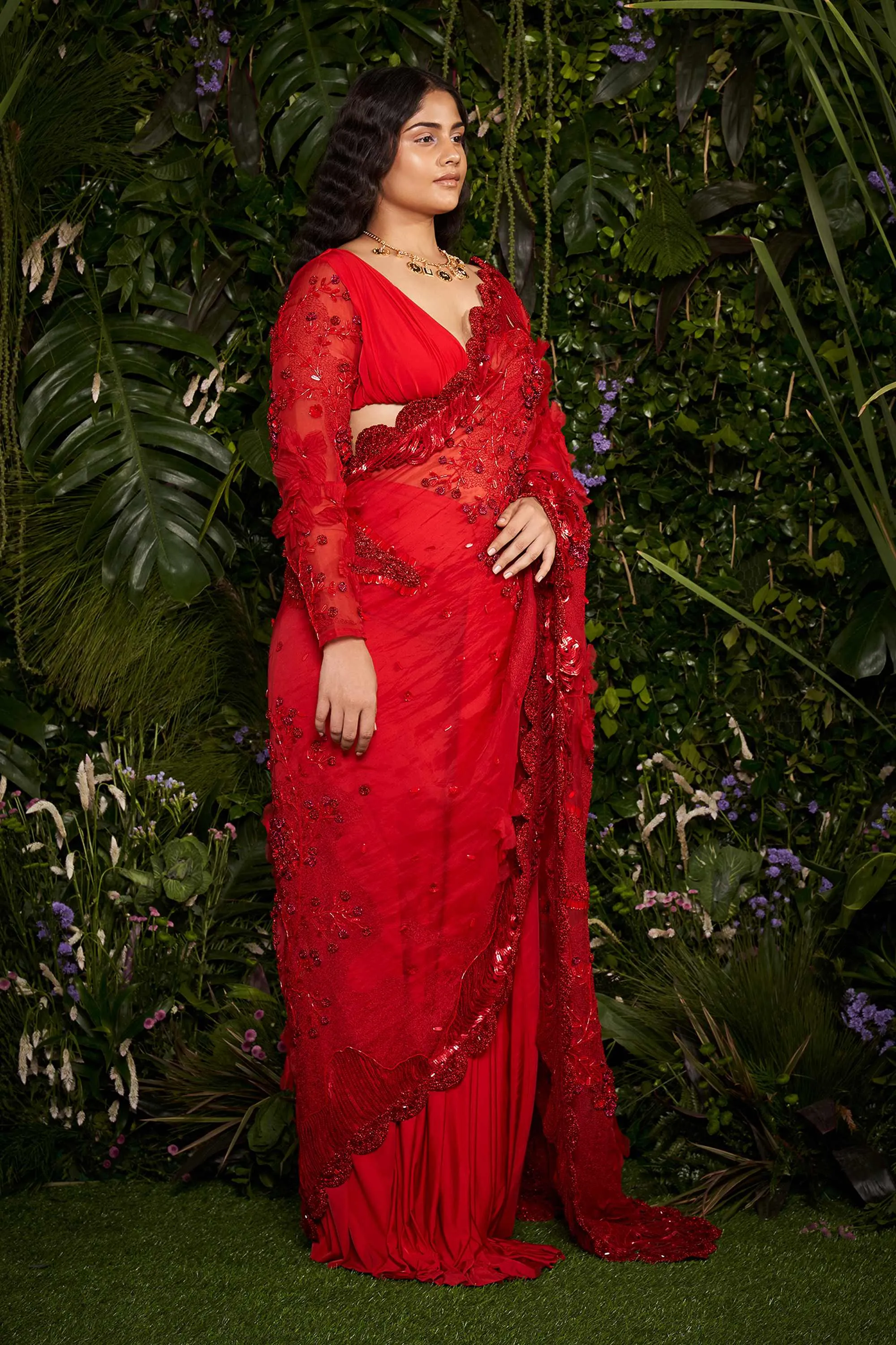 Vermillion Florescence Macrame Tailored Sari with Ruched Blouse