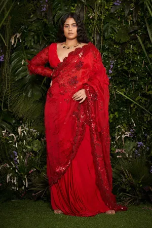 Vermillion Florescence Macrame Tailored Sari with Ruched Blouse