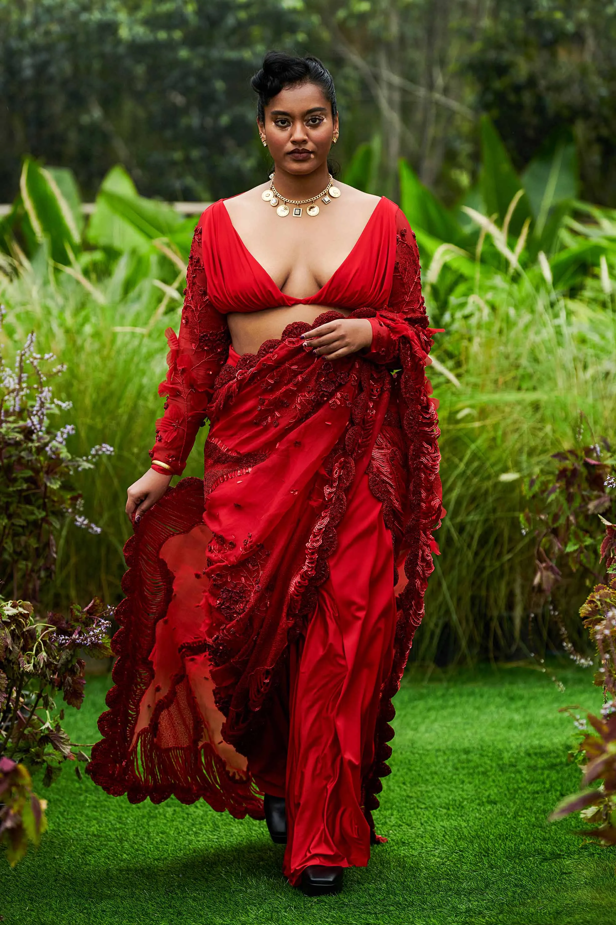 Vermillion Florescence Macrame Tailored Sari with Ruched Blouse