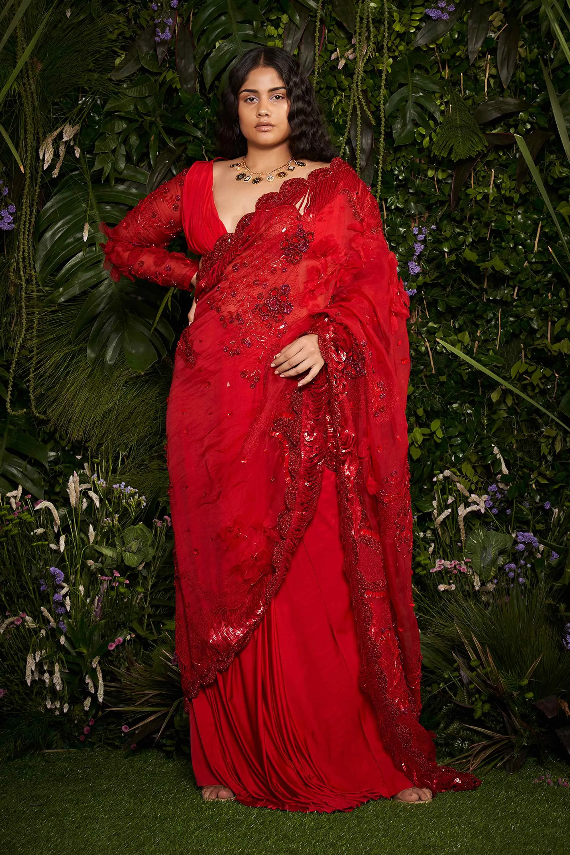 Vermillion Florescence Macrame Tailored Sari with Ruched Blouse