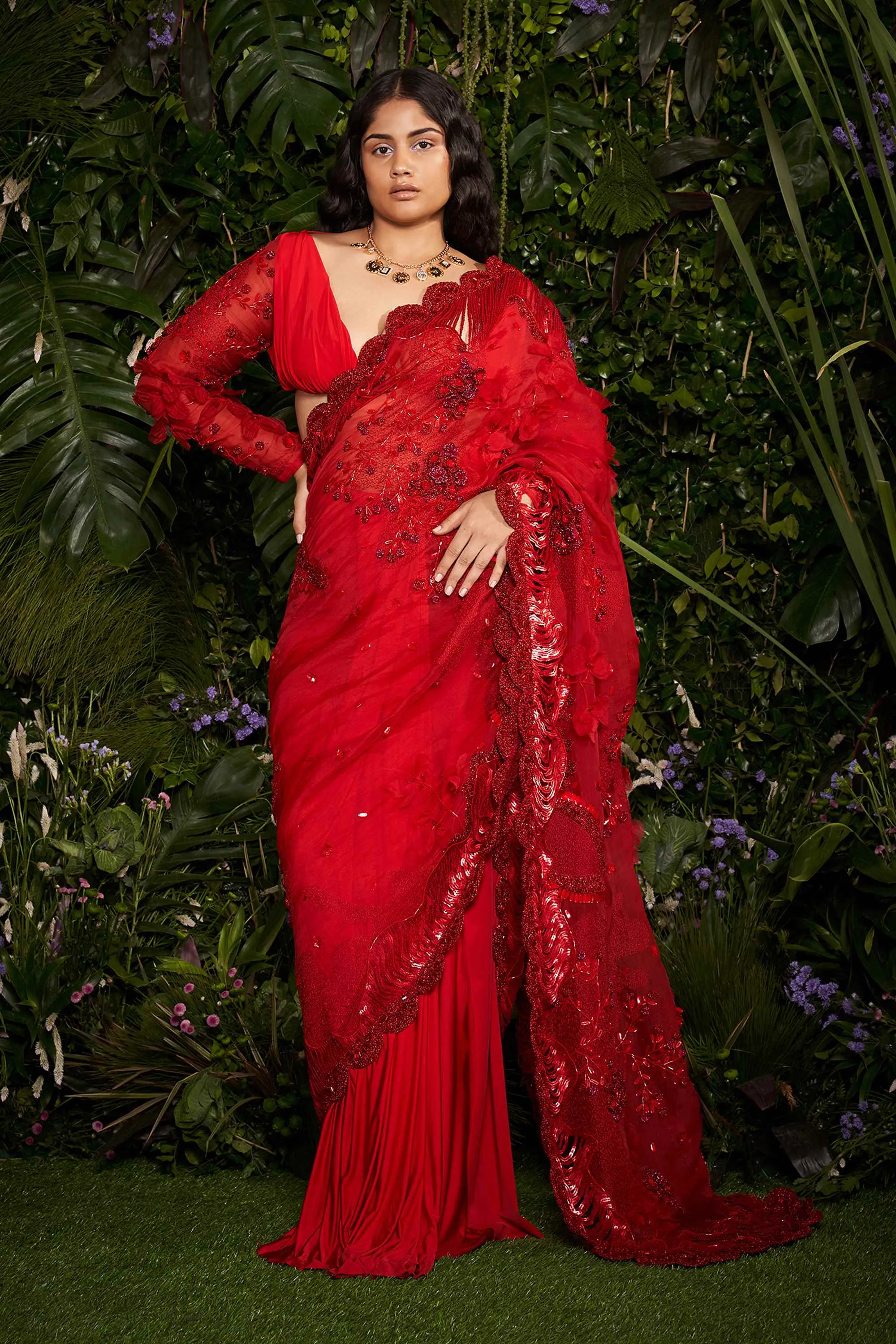 Vermillion Florescence Macrame Tailored Sari with Ruched Blouse