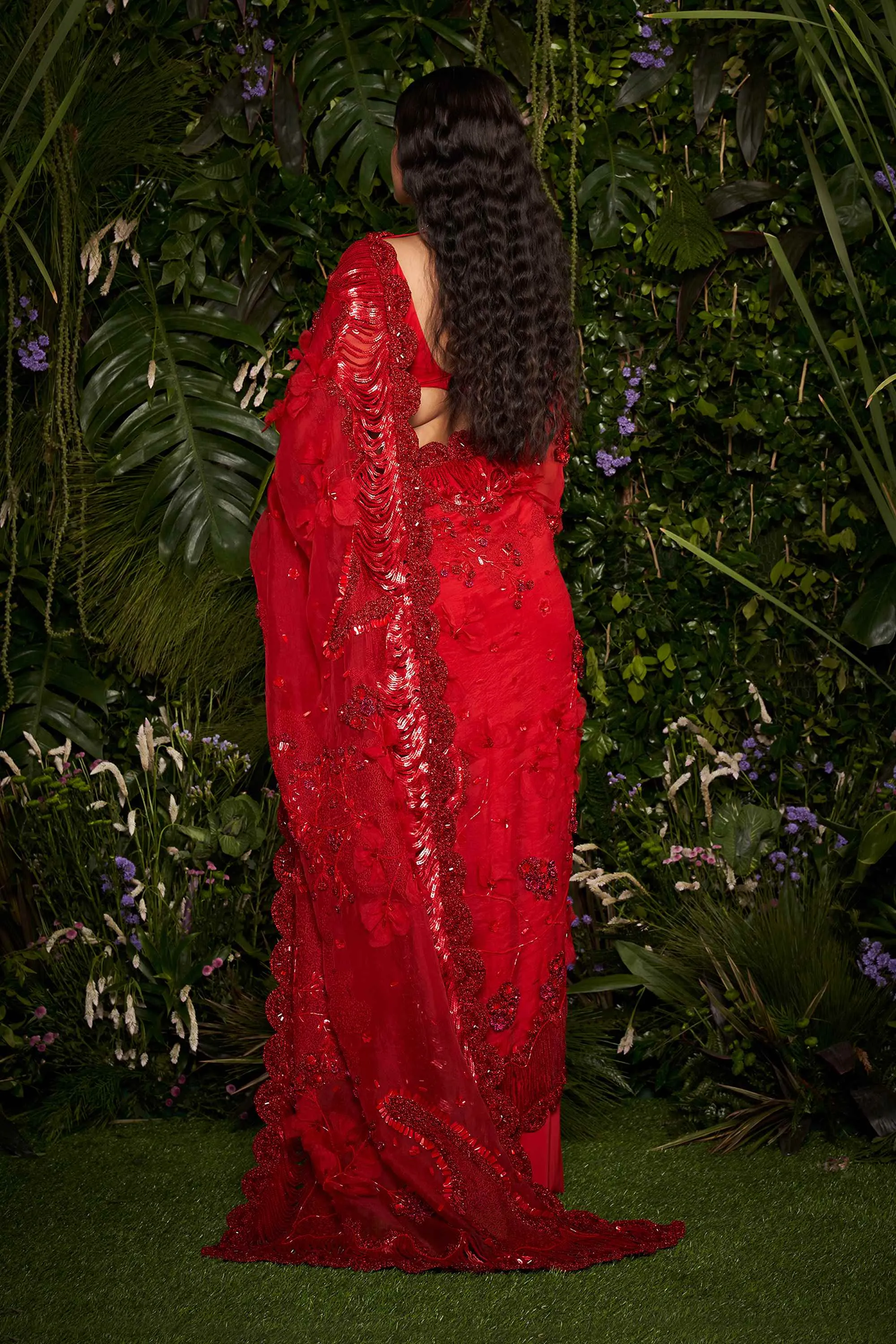 Vermillion Florescence Macrame Tailored Sari with Ruched Blouse