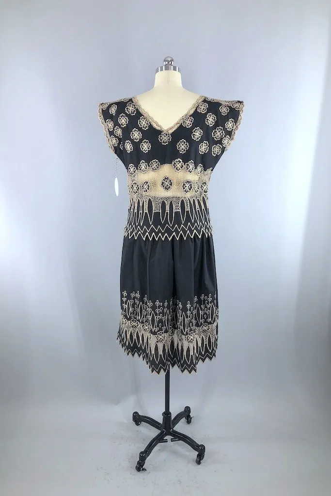 Vintage Black Embroidered Lace Top & Skirt Set