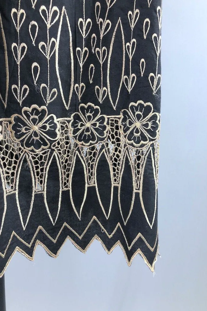 Vintage Black Embroidered Lace Top & Skirt Set