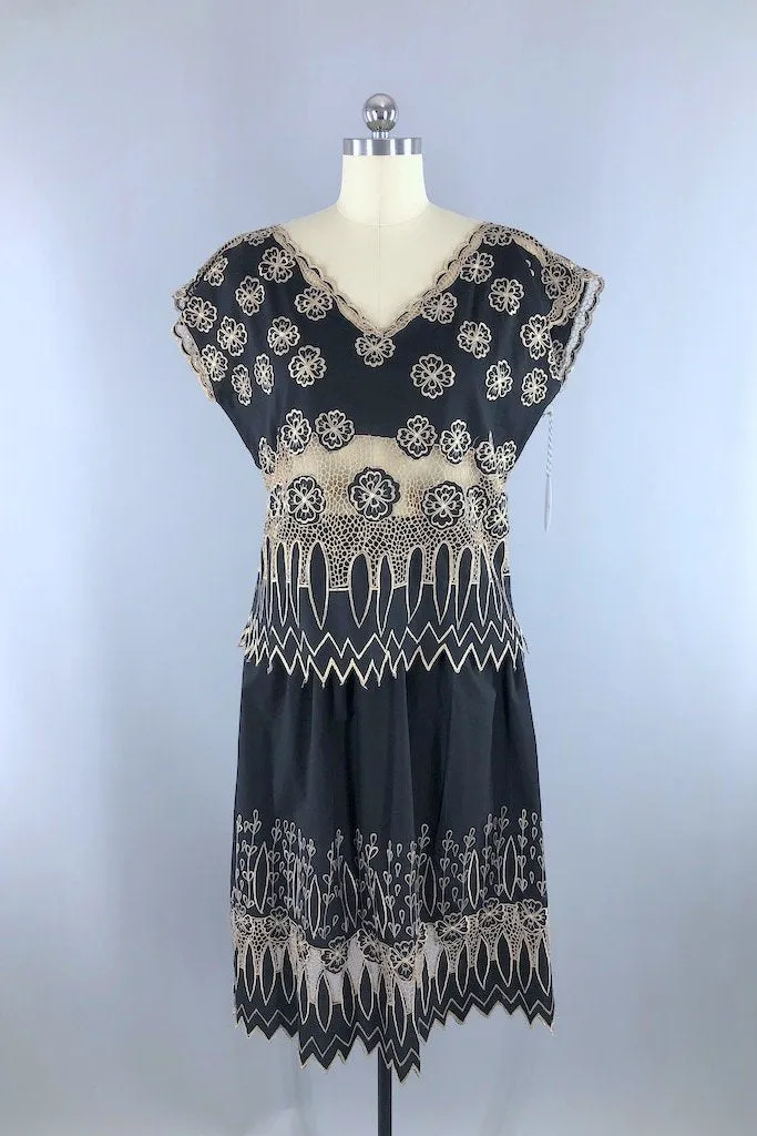 Vintage Black Embroidered Lace Top & Skirt Set