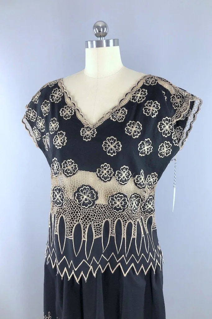 Vintage Black Embroidered Lace Top & Skirt Set