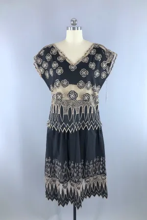 Vintage Black Embroidered Lace Top & Skirt Set