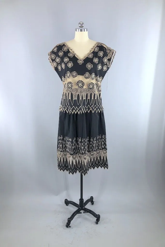 Vintage Black Embroidered Lace Top & Skirt Set