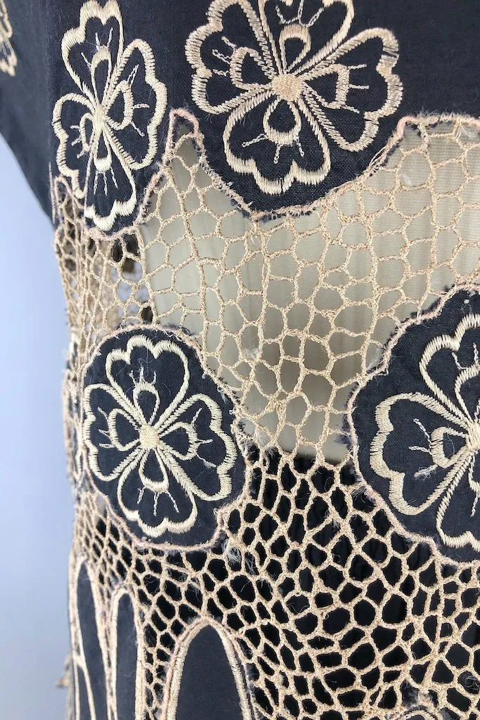 Vintage Black Embroidered Lace Top & Skirt Set