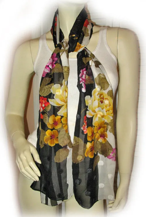 Vintage Y2K 90s Scarf Scarves Wrap 64inX16.5in Floral Print Striped Black White
