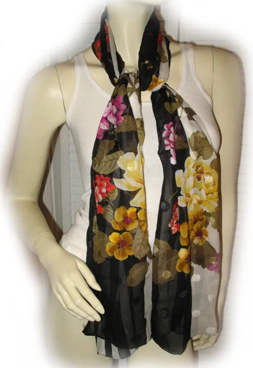 Vintage Y2K 90s Scarf Scarves Wrap 64inX16.5in Floral Print Striped Black White