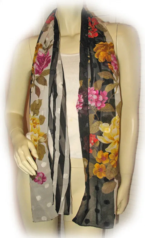 Vintage Y2K 90s Scarf Scarves Wrap 64inX16.5in Floral Print Striped Black White