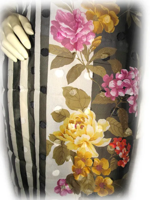 Vintage Y2K 90s Scarf Scarves Wrap 64inX16.5in Floral Print Striped Black White