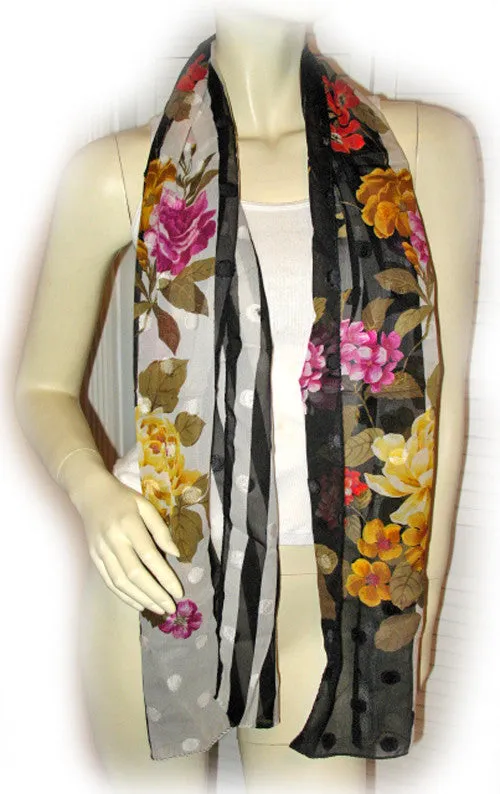 Vintage Y2K 90s Scarf Scarves Wrap 64inX16.5in Floral Print Striped Black White