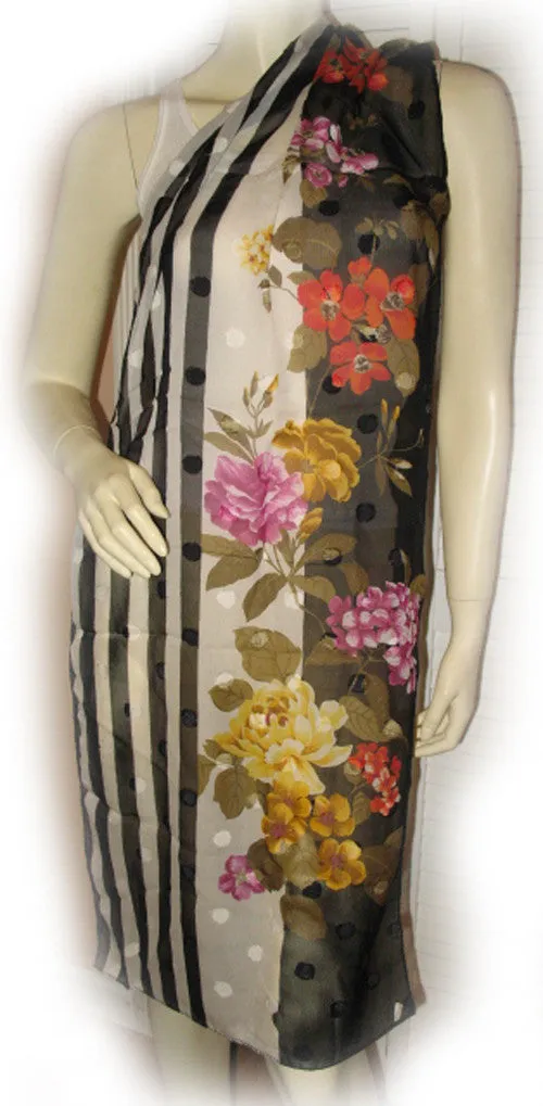 Vintage Y2K 90s Scarf Scarves Wrap 64inX16.5in Floral Print Striped Black White