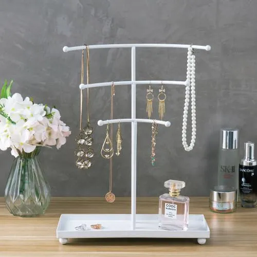 White Metal Curved T-Bar Jewelry Stand with Ring Tray
