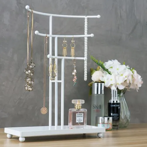 White Metal Curved T-Bar Jewelry Stand with Ring Tray