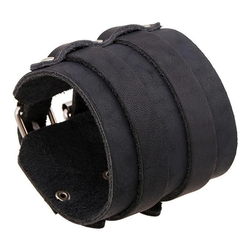Wide Cuff Punk Bracelets Vintage 3 Layers Black Brown