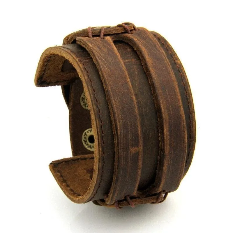 Wide Cuff Punk Bracelets Vintage 3 Layers Black Brown