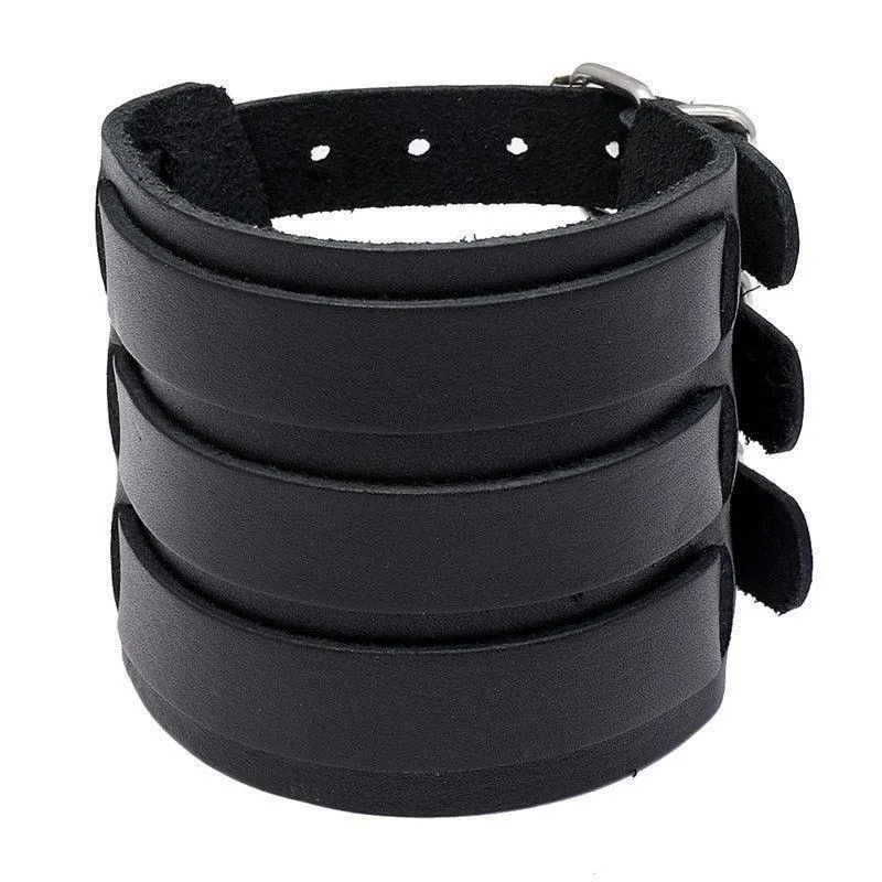 Wide Cuff Punk Bracelets Vintage 3 Layers Black Brown