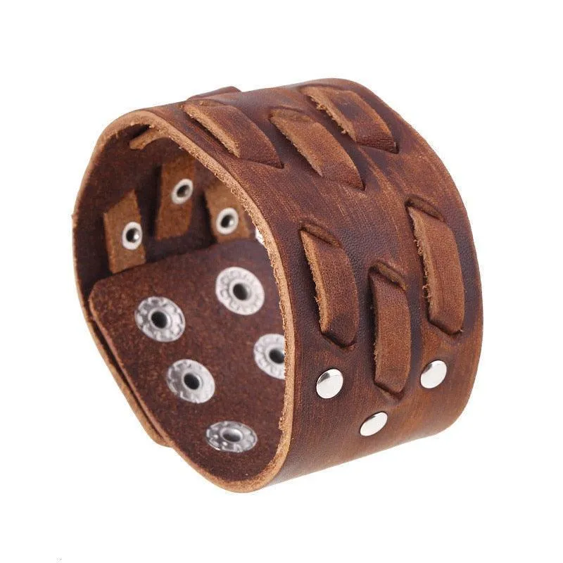 Wide Cuff Punk Bracelets Vintage 3 Layers Black Brown