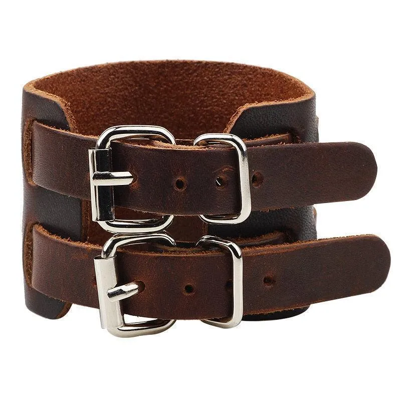 Wide Cuff Punk Bracelets Vintage 3 Layers Black Brown