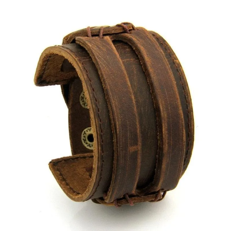 Wide Cuff Punk Bracelets Vintage 3 Layers Black Brown