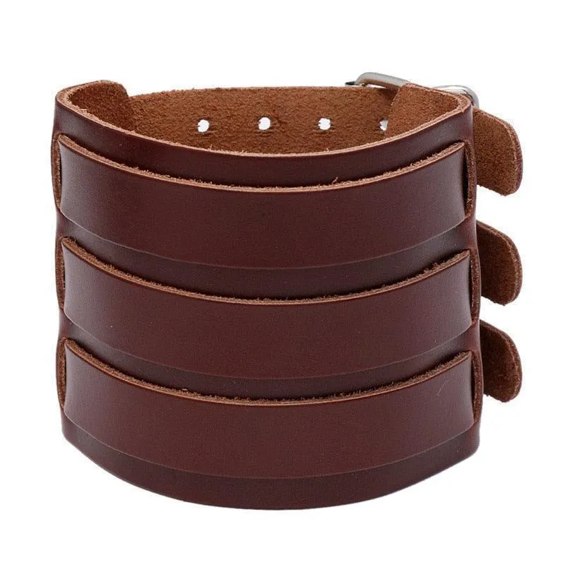 Wide Cuff Punk Bracelets Vintage 3 Layers Black Brown