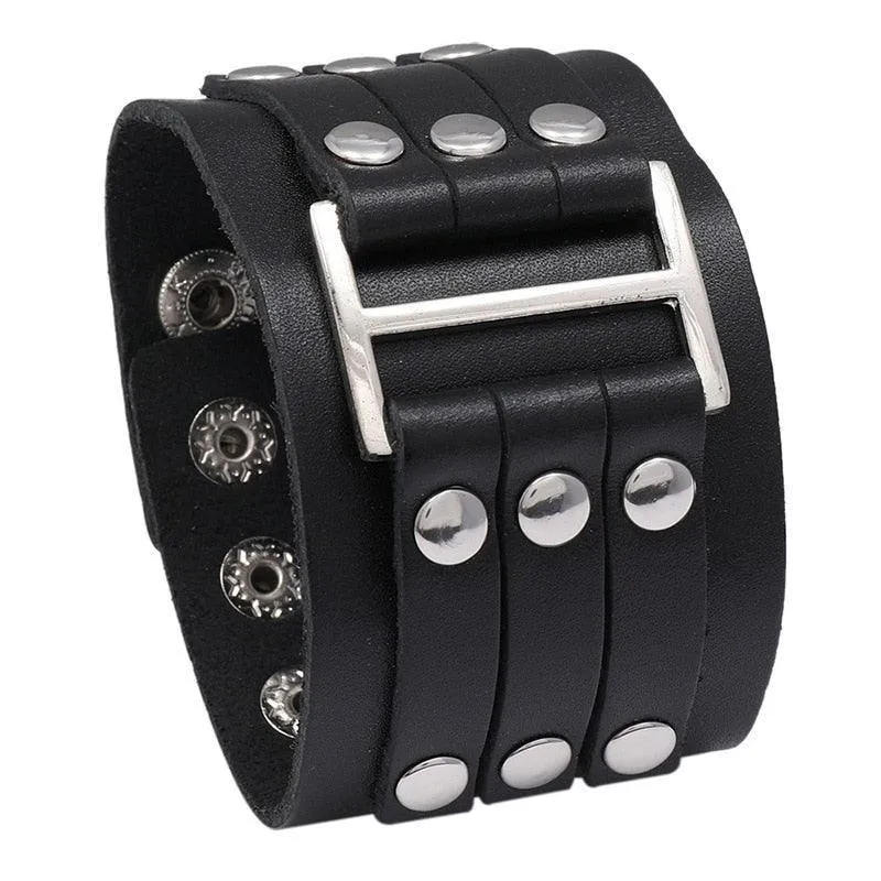 Wide Cuff Punk Bracelets Vintage 3 Layers Black Brown