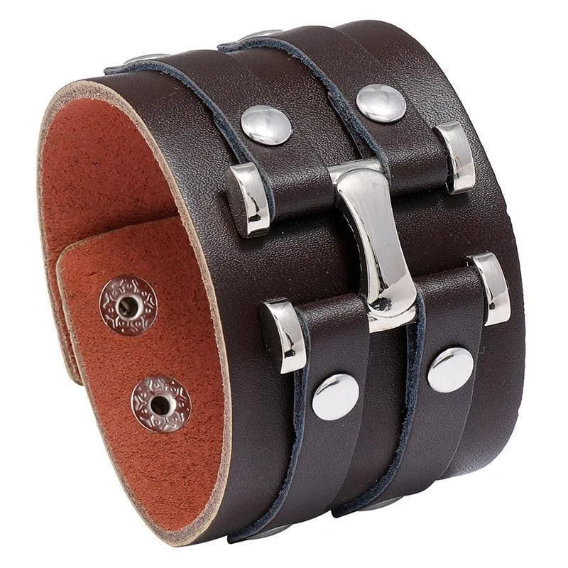 Wide Cuff Punk Bracelets Vintage 3 Layers Black Brown