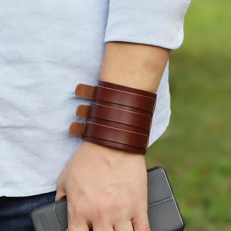 Wide Cuff Punk Bracelets Vintage 3 Layers Black Brown