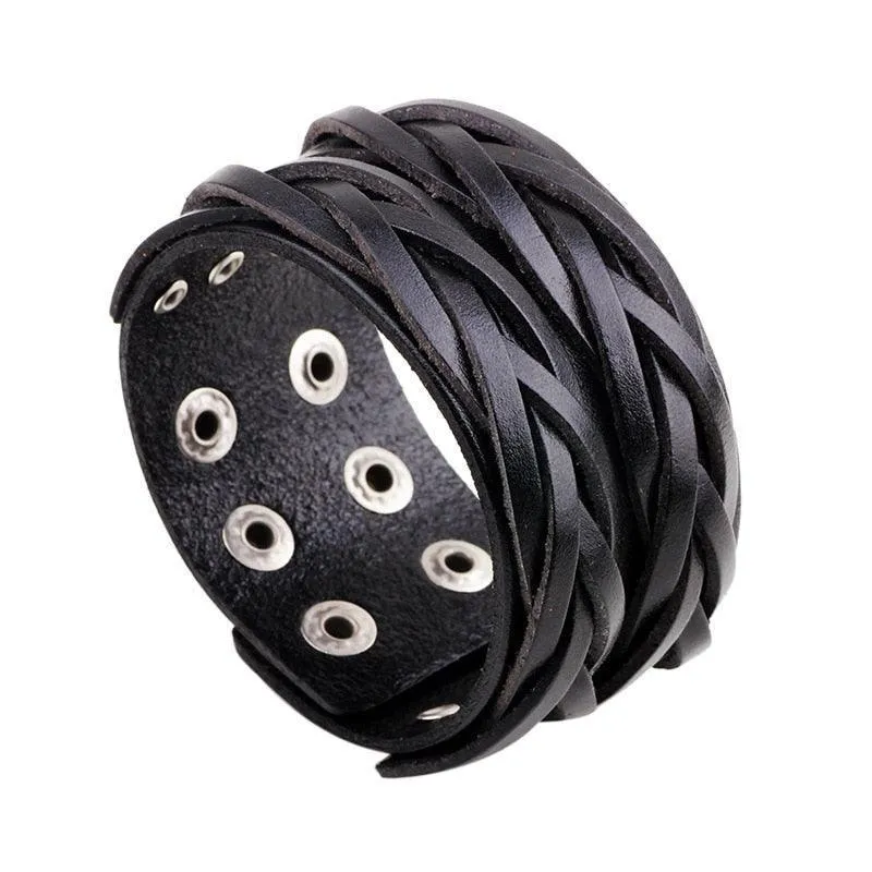 Wide Cuff Punk Bracelets Vintage 3 Layers Black Brown