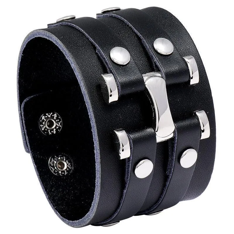 Wide Cuff Punk Bracelets Vintage 3 Layers Black Brown