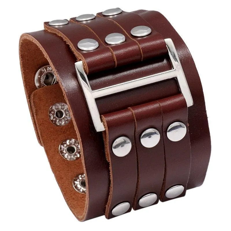 Wide Cuff Punk Bracelets Vintage 3 Layers Black Brown