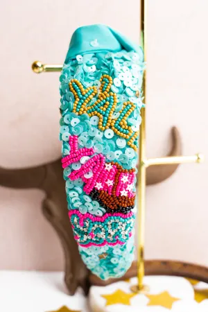 'Yall' Seed Bead Sequin Turquoise Knotted Headband