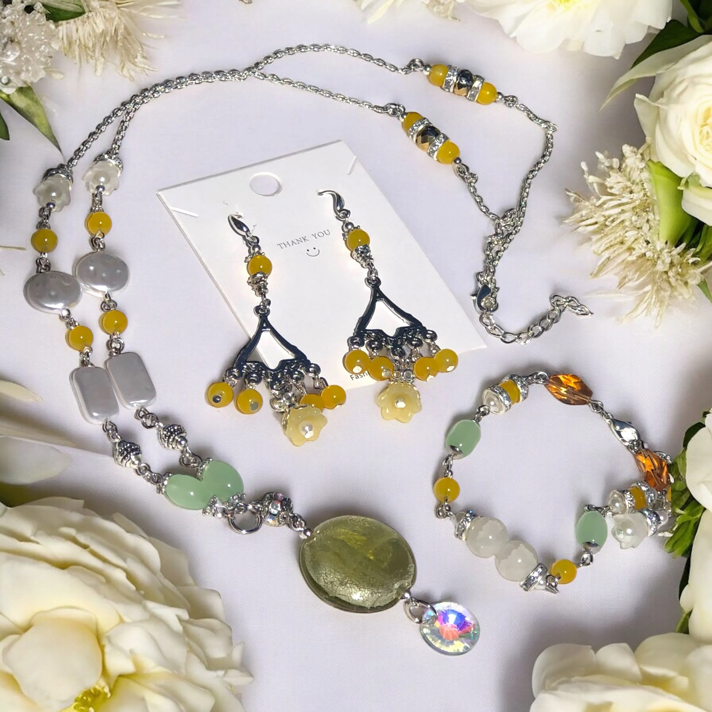 Yellow Bohemian Antique Silver Chandelier Earring Necklace and Bracelet Set