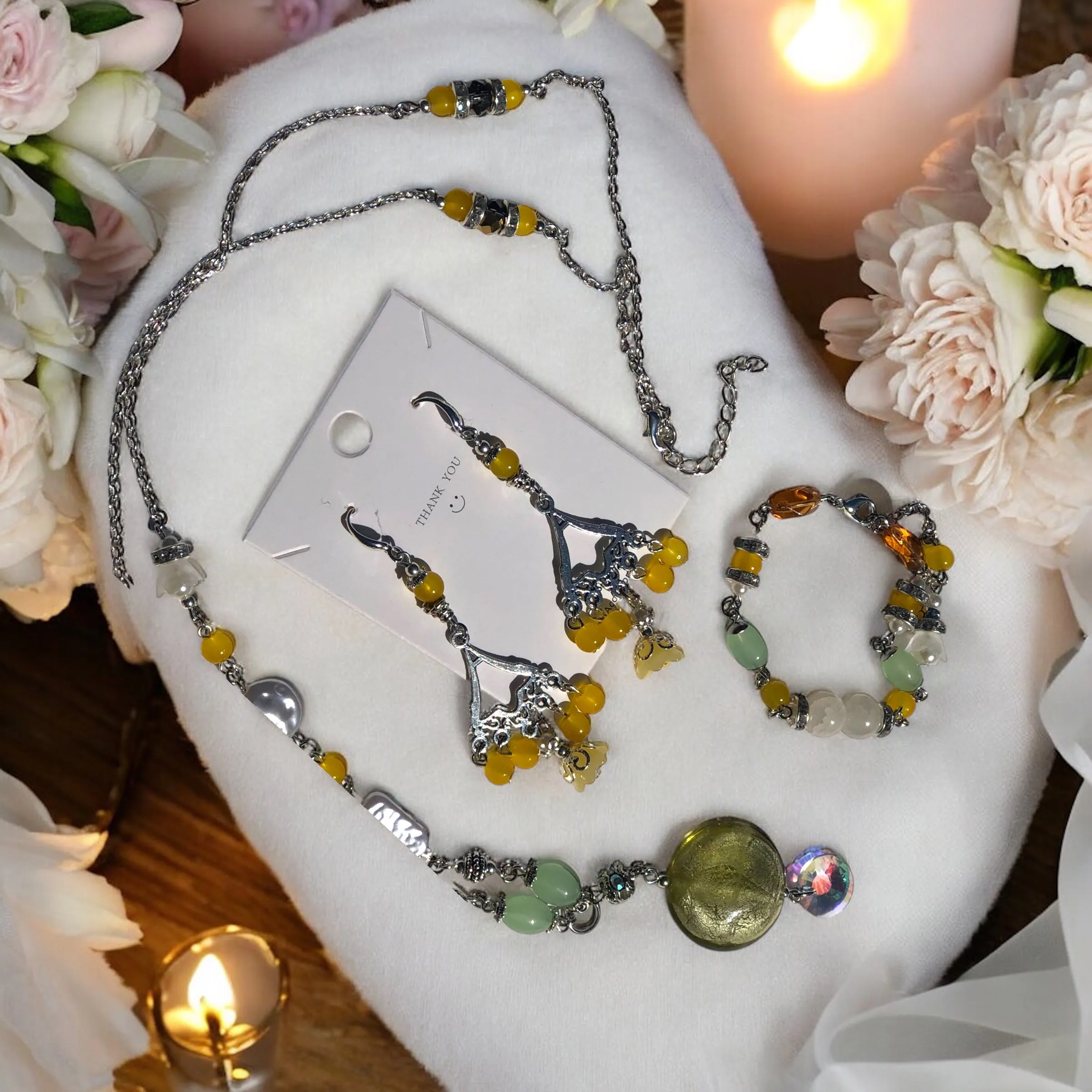 Yellow Bohemian Antique Silver Chandelier Earring Necklace and Bracelet Set
