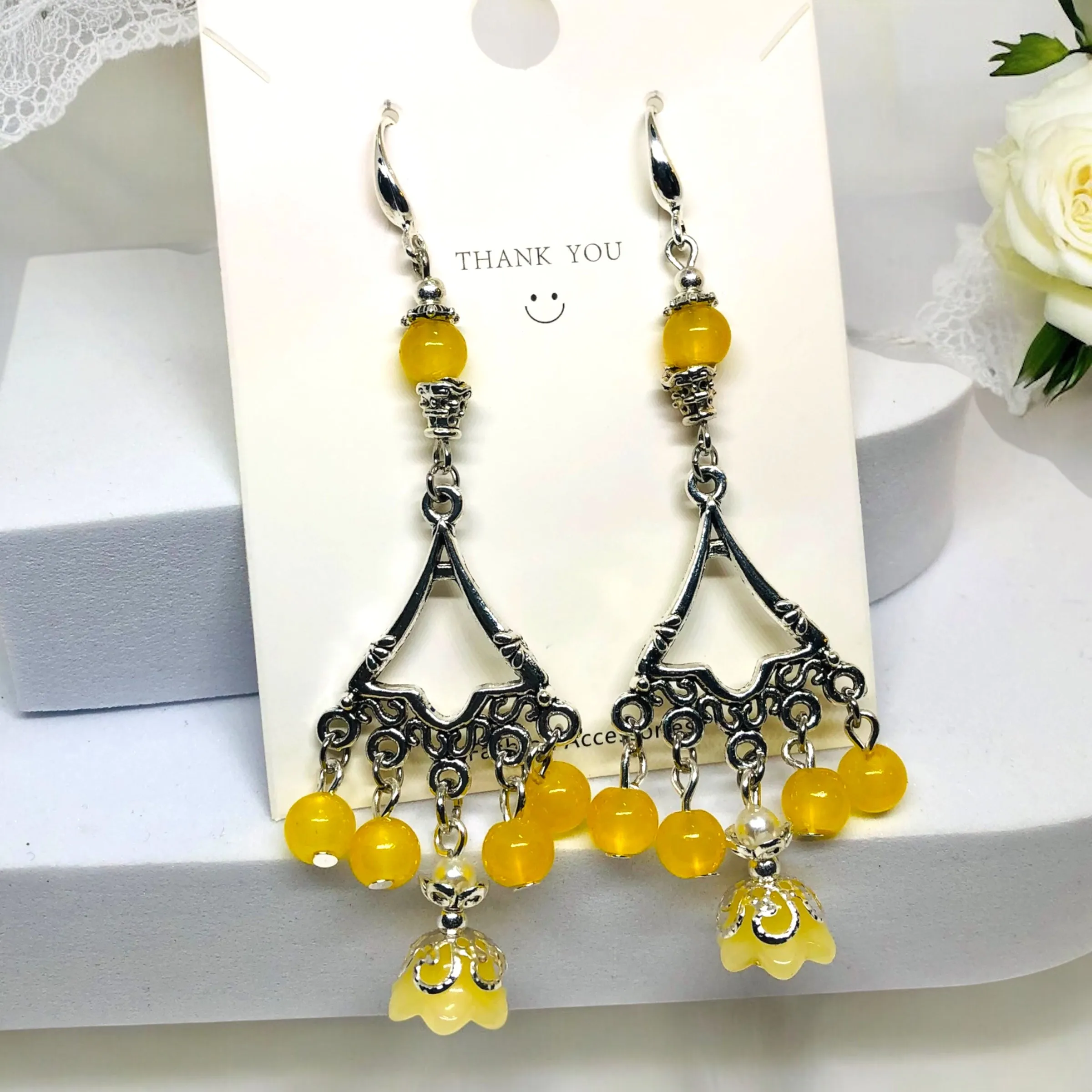 Yellow Bohemian Antique Silver Chandelier Earring Necklace and Bracelet Set