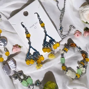 Yellow Bohemian Antique Silver Chandelier Earring Necklace and Bracelet Set