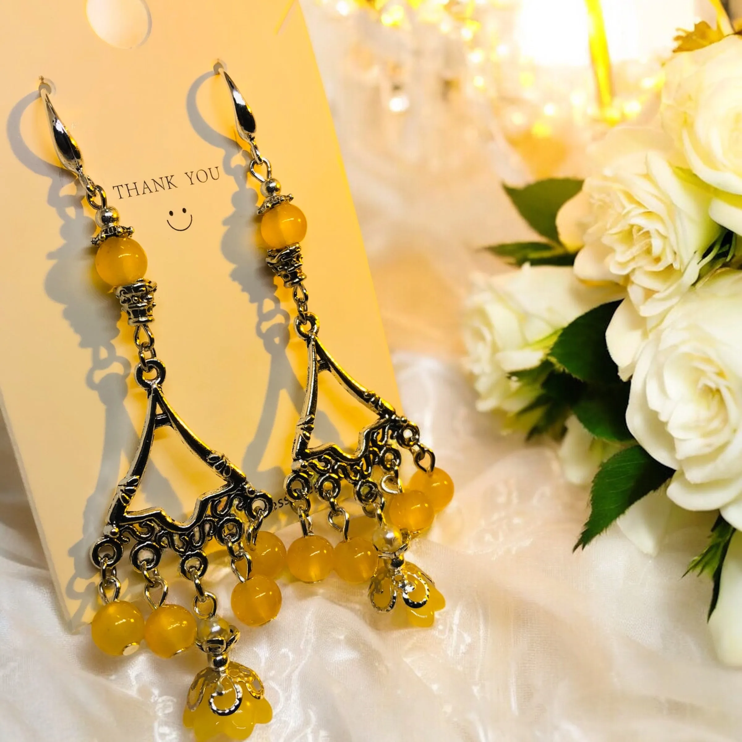 Yellow Bohemian Antique Silver Chandelier Earring Necklace and Bracelet Set