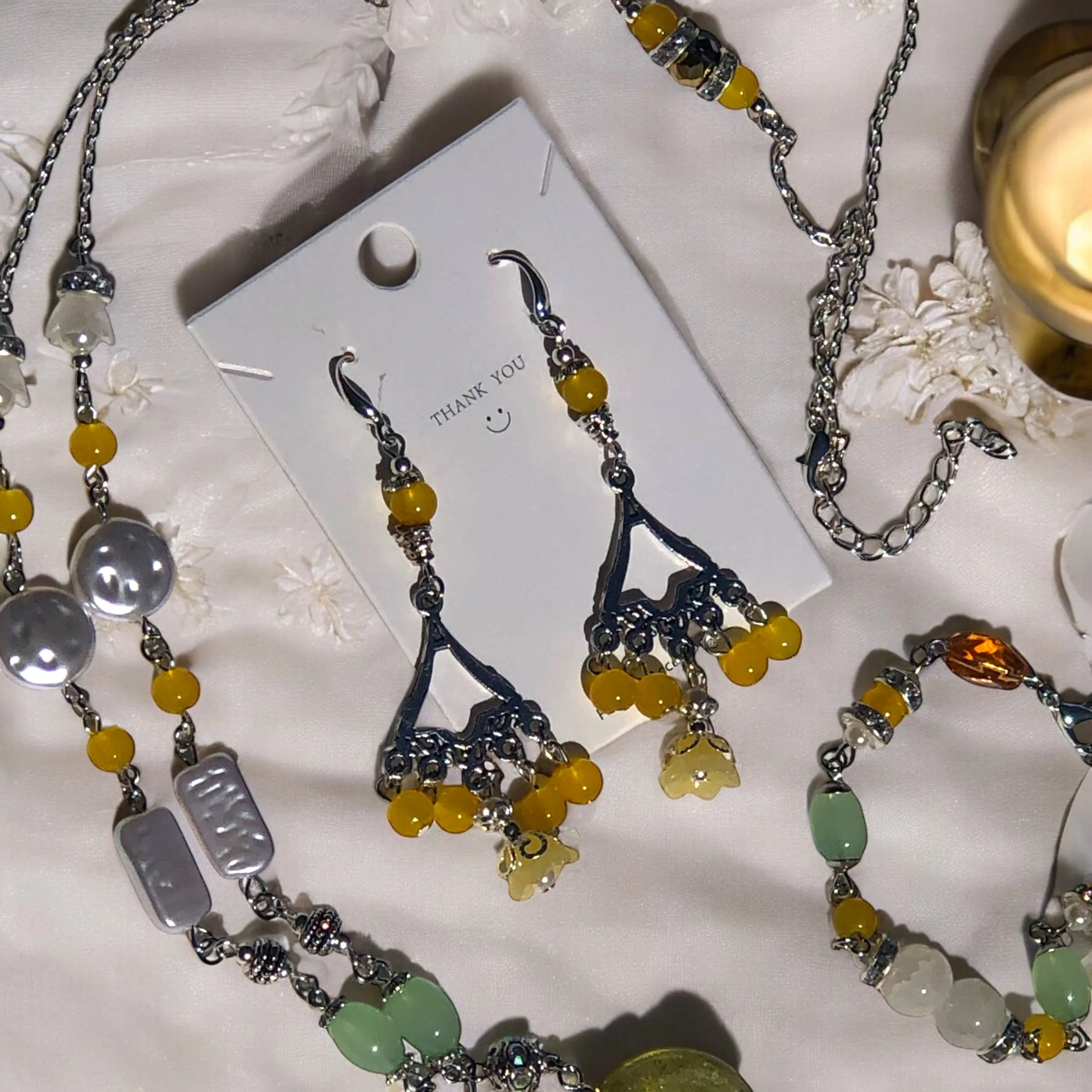 Yellow Bohemian Antique Silver Chandelier Earring Necklace and Bracelet Set