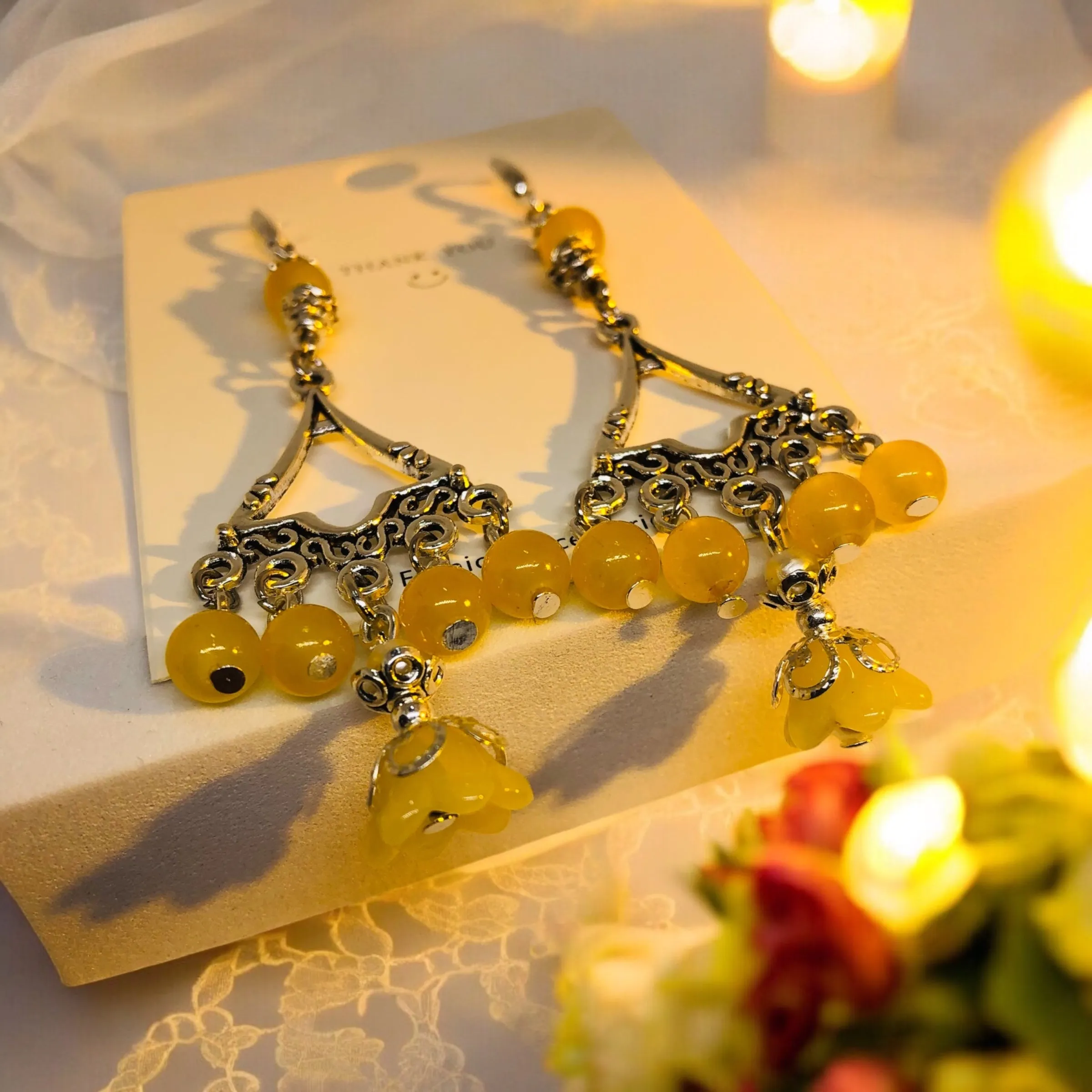 Yellow Bohemian Antique Silver Chandelier Earring Necklace and Bracelet Set